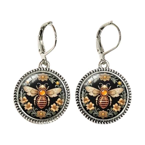 Bees & Flowers Dangle Earrings – Round Glass Pendant with Zinc Alloy Base - Picture 1 of 14